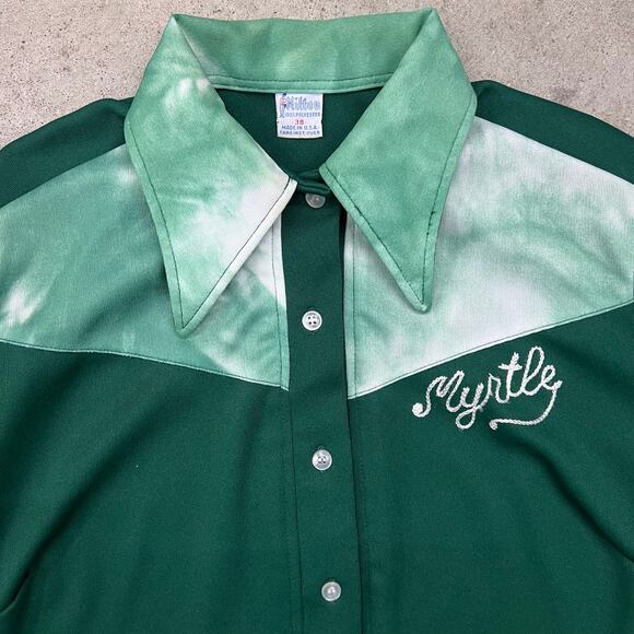 True Vintage Hilton Chainstitch Myrtle School Street Jeep Green Bowling Shirt 38 - Picture 5 of 11